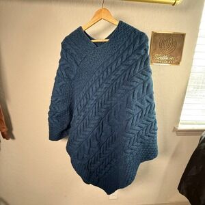 Kilronan Knitwear Teal Blue 100% Merino Wool Cable Knit Poncho Made in Ireland